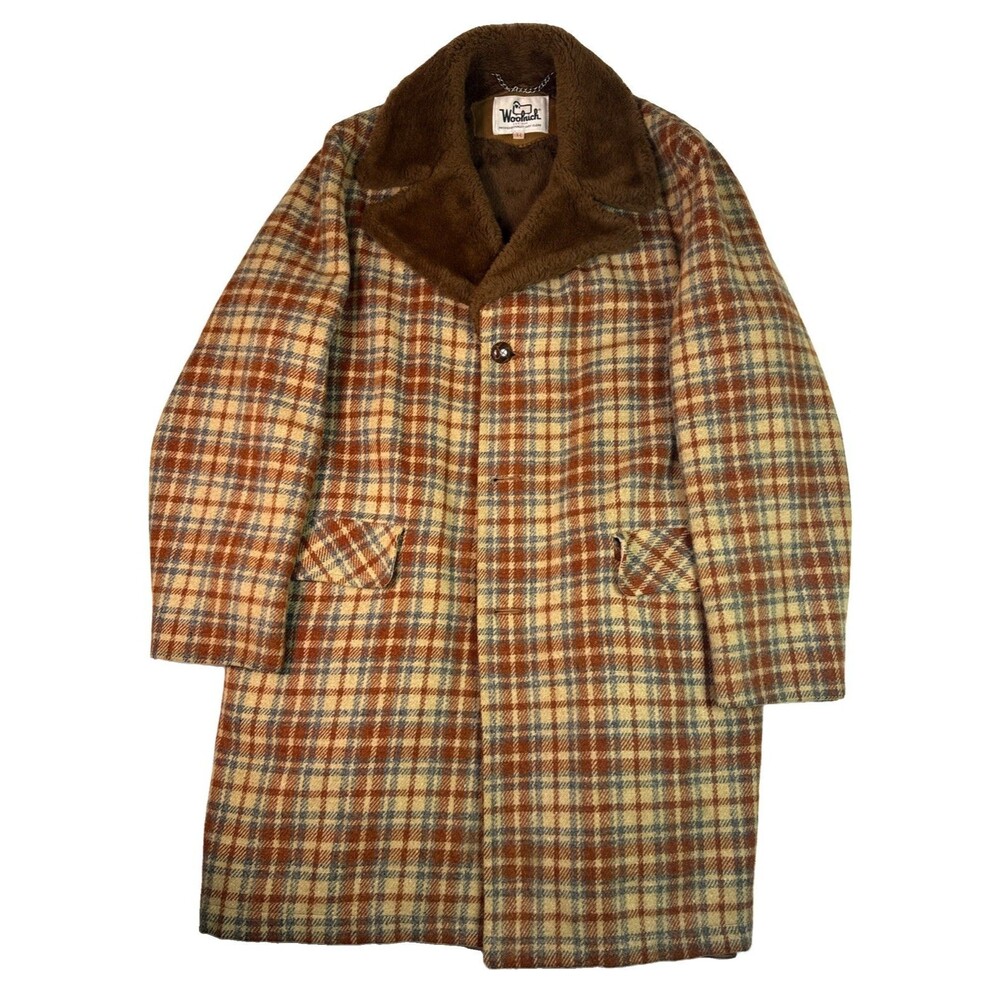 Vintage70s  Woolrich Plaid Car Coat Faux Fur Pile Lined Brown men’s Size 44/XL